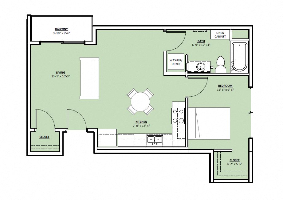 Floor plan for studio, 1 bath, 673 sqft